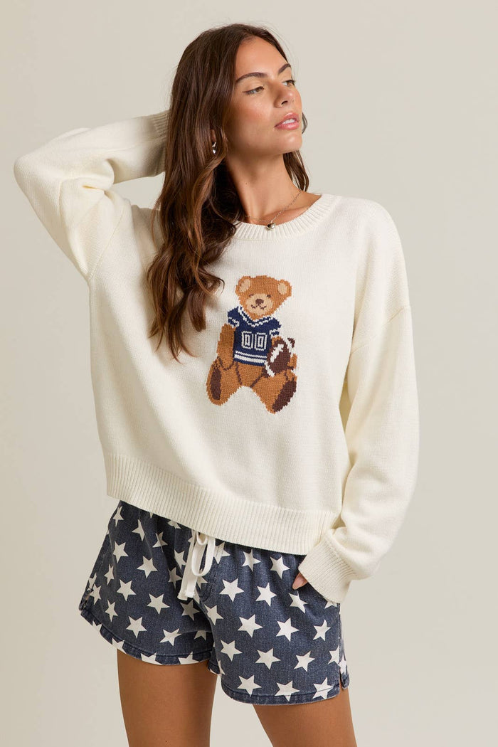 Long Sleeve Crew Neck Teddy Bear Graphic Sweater