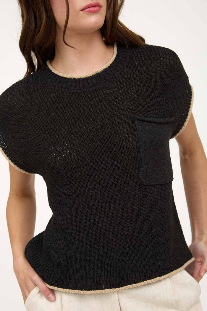 Contrast Trim Short Sleeve Pocket Detail Sweater in Black