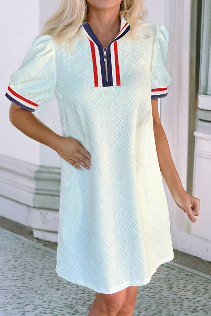 Jacquard Short Sleeve Dress in White