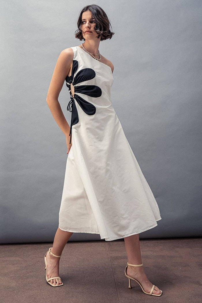 Floral Applique One Shoulder Midi Dress in White