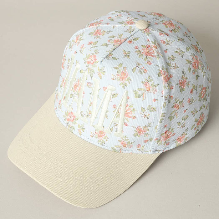 Mama Embroidered Floral Trucker Hat in Blue/Beige