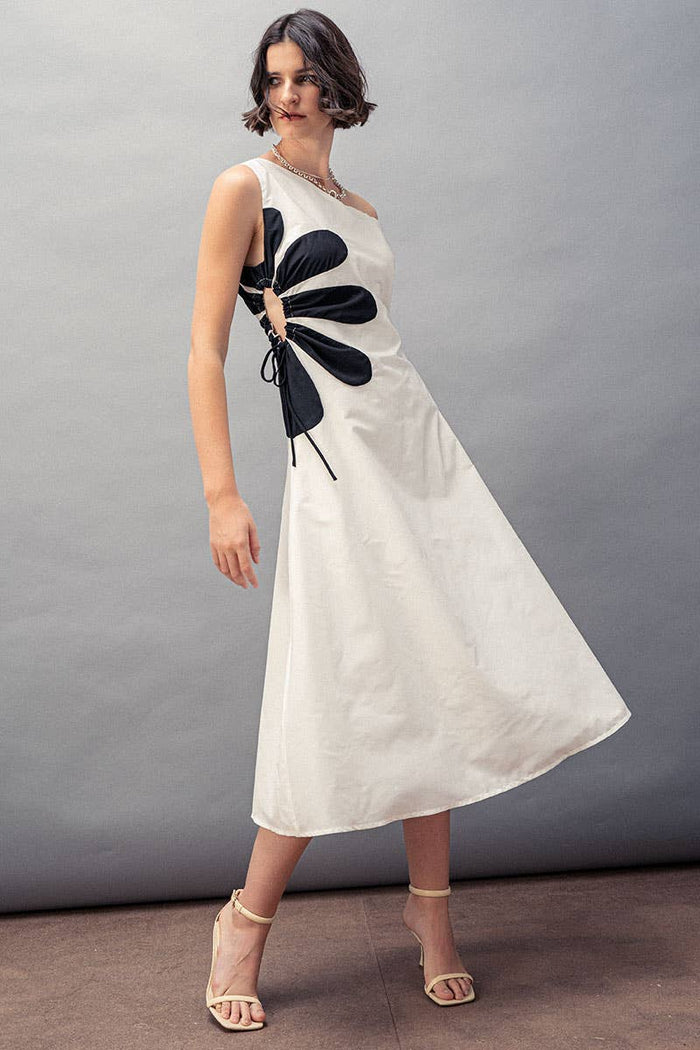 Floral Applique One Shoulder Midi Dress in White