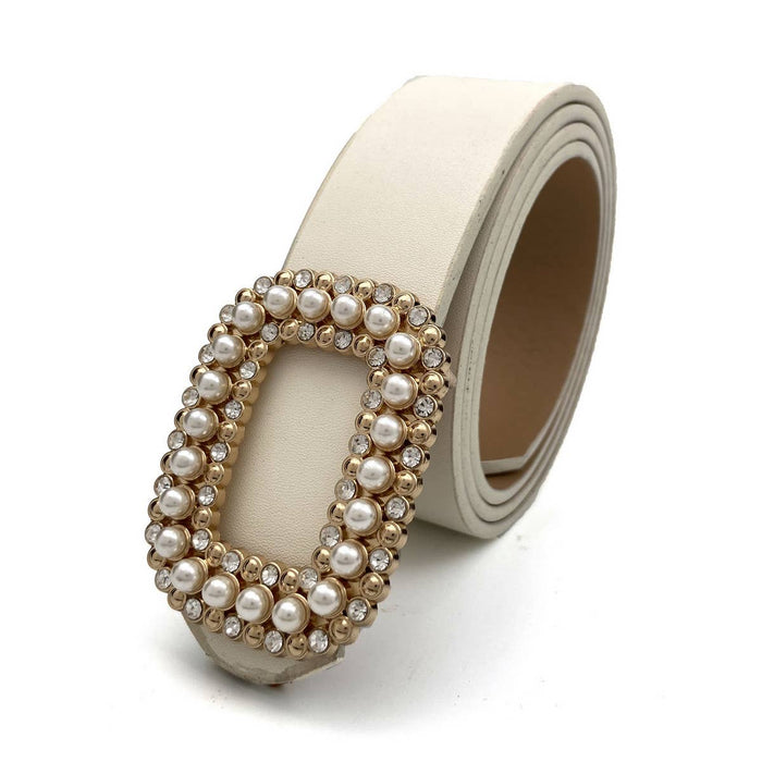 Diamond Pearl Buckle Belt in Beige