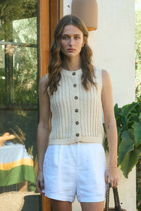 Crew Neck Button Down Sleeveless Knit Cardigan in Oatmeal