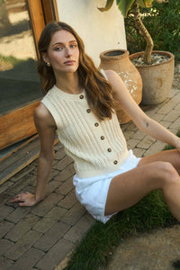 Crew Neck Button Down Sleeveless Knit Cardigan in Oatmeal