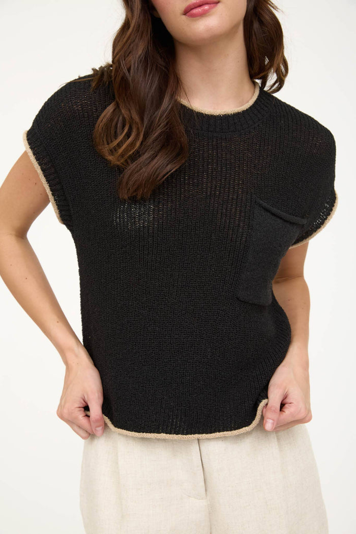 Contrast Trim Short Sleeve Pocket Detail Sweater in Black