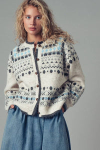 ** Nordic Pattern Button-Up Knit Cardigan in Ivory S/M-3:M/L-3