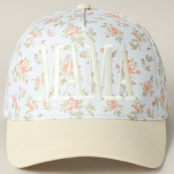 Mama Embroidered Floral Trucker Hat in Blue/Beige