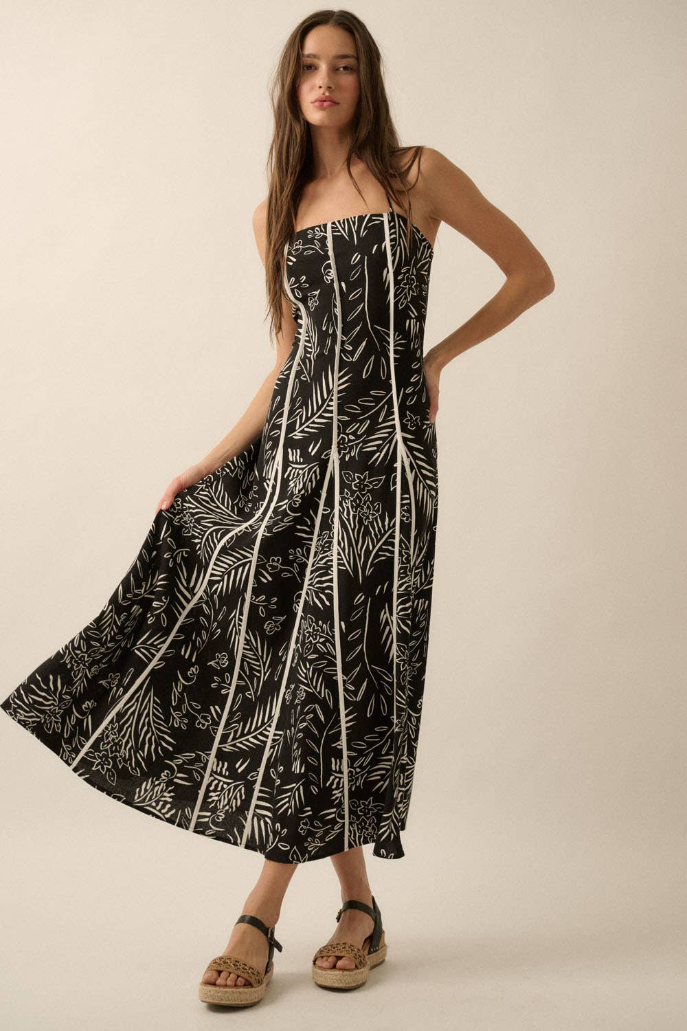Floral-Print Paneled Halter Maxi Dress in Black The Care Boutique Floral-Print Paneled Halter Maxi Dress in Black The Care Boutique