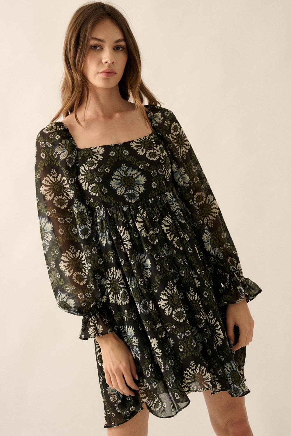 Floral Sheer Empire-Waist Mini Dress Floral Sheer Empire-Waist Mini Dress