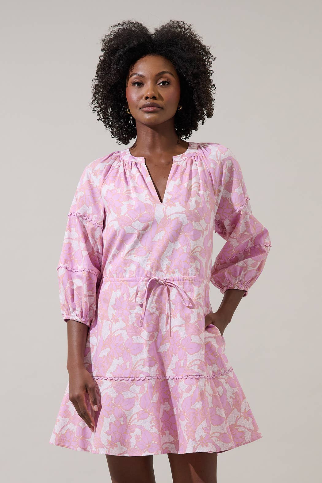 Daney Floral Dabria Split Neck Mini Dress: PINK-CREAM