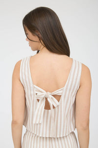 Stripe Linen Back Tie Detail Sleeveless Top in Khaki