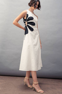 Floral Applique One Shoulder Midi Dress in White