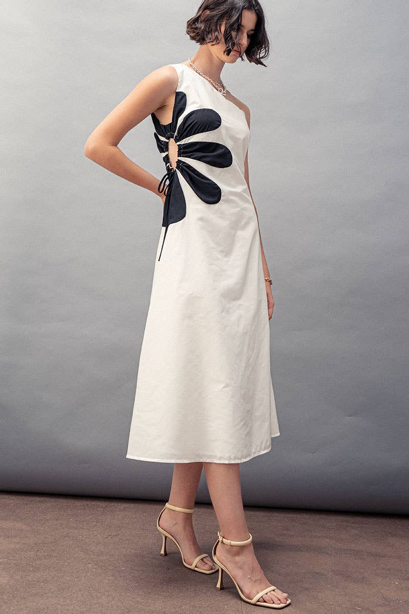 Floral Applique One Shoulder Midi Dress in White