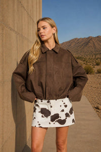 SUEDE EPAULET COLLARED ZIP-UP CROPPED JACKET : OLIVE