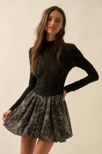 Sheer Lace Drop-Waist Bubble Mini Dress in Black