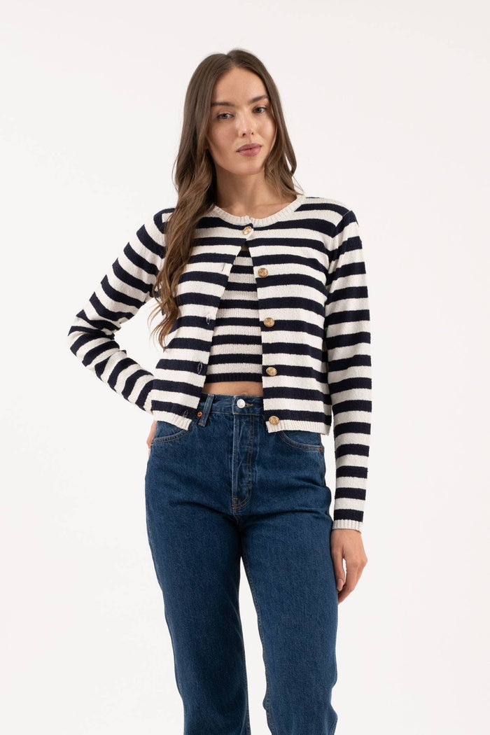 Stripe Boatneck Button Down Cardigan