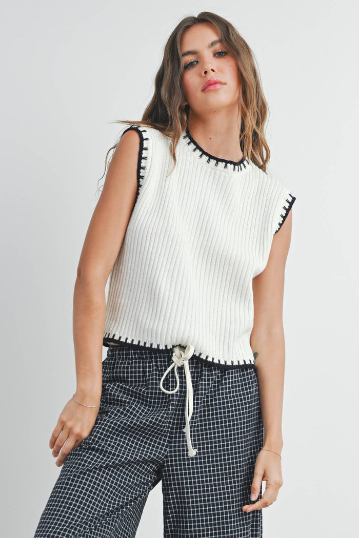 Solid Cap Sleeve Sweater Vest in Ivory and Black