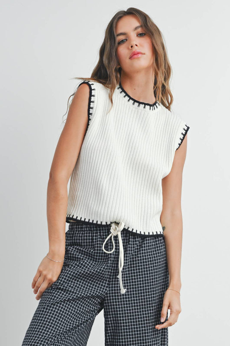 Solid Cap Sleeve Sweater Vest in Ivory and Black