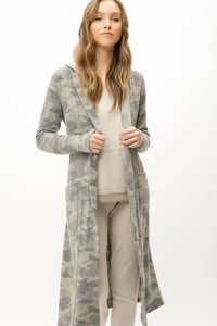 Tie-Waist Long Cardigan in Grey Camo