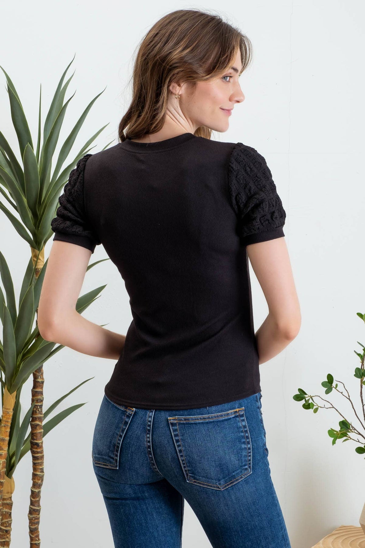 Popcorn Sleeve Knit Top in Black