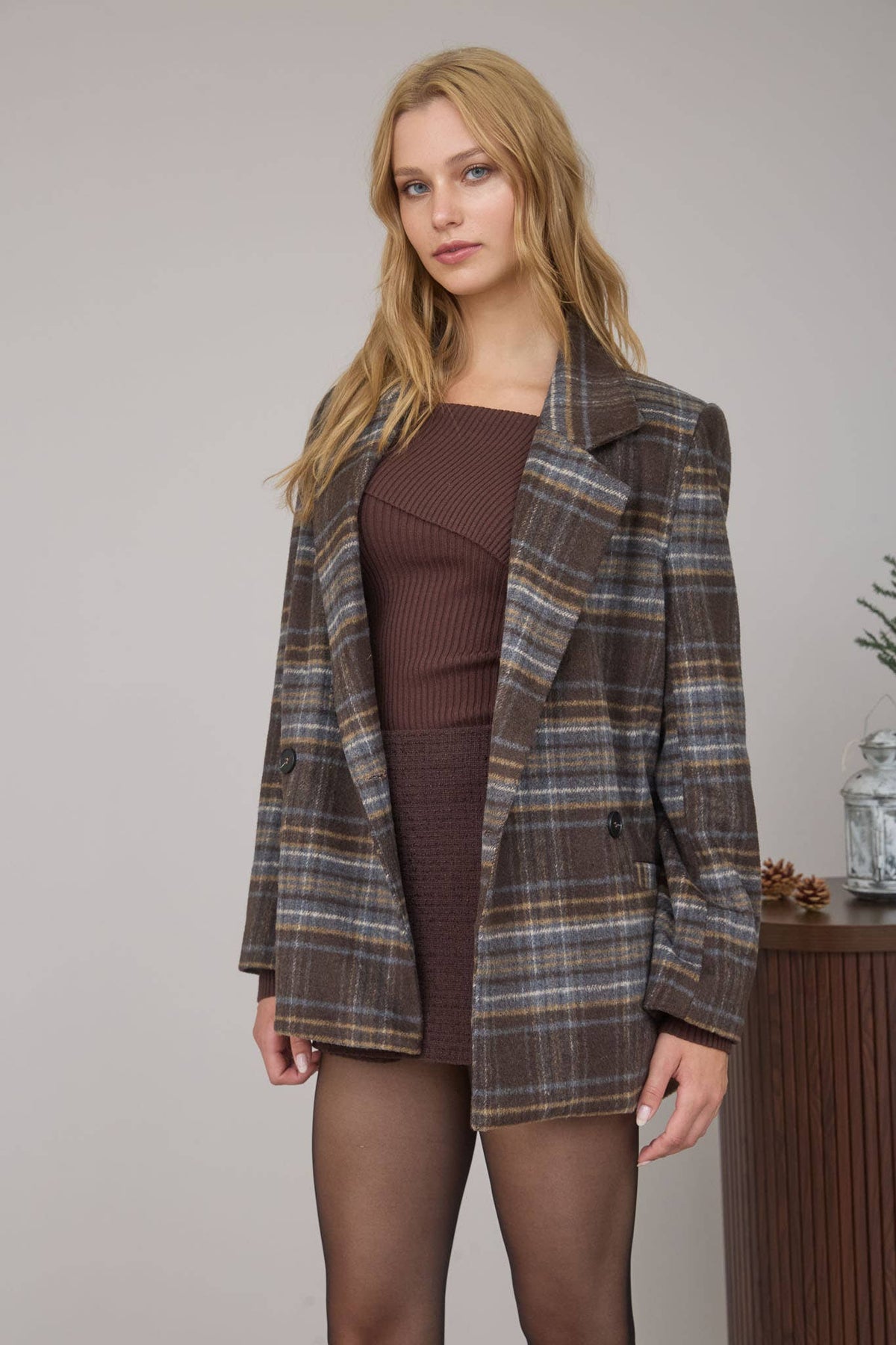 Plaid Notch Collar Jacket