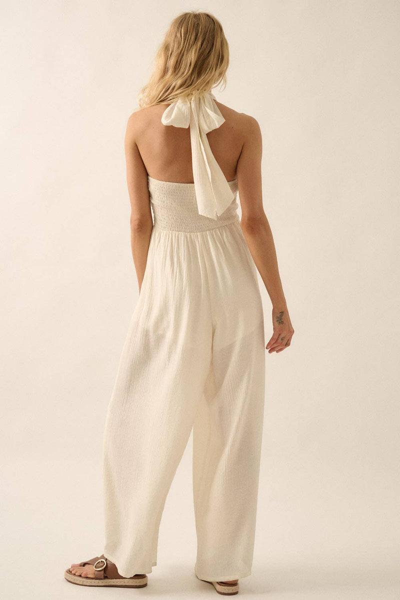 Wide-Leg Convertible Halter Jumpsuit in Natural Color