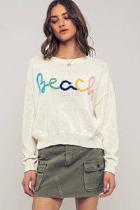 Beach Embroidered Crochet Knit Sweater in Ivory