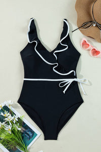 Black and White Ruffle Wrap Swimsuit