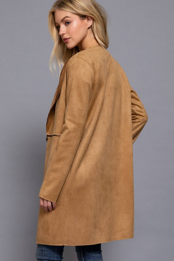 Front Zipper Detail Suede Jacket in Taupe