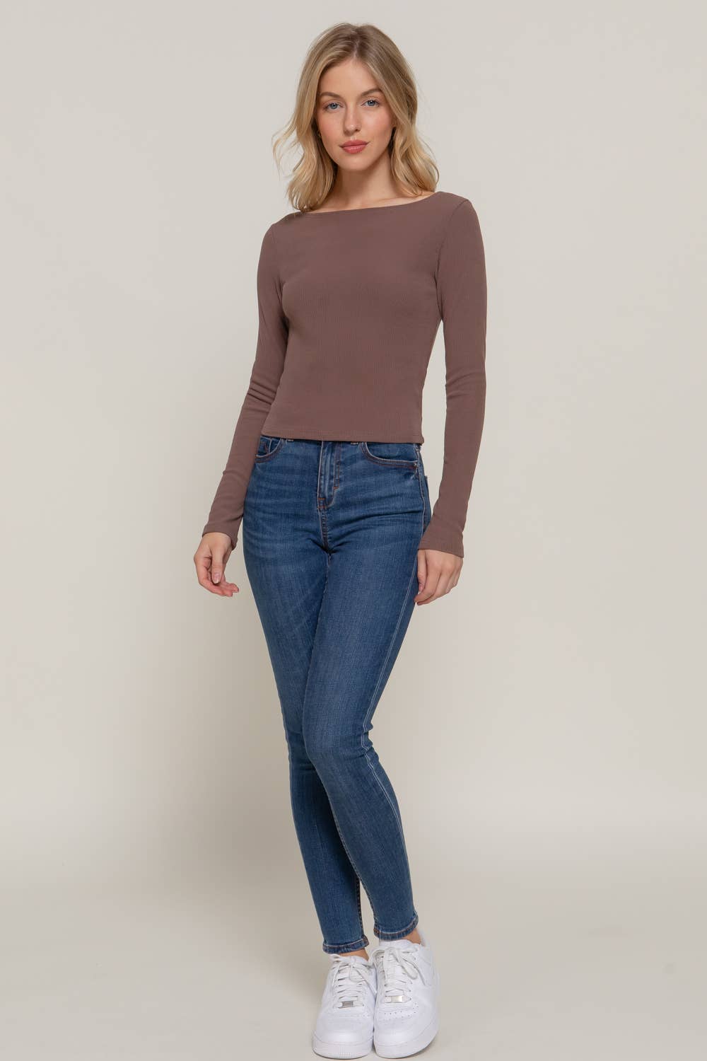 Long Sleeve Boat Neck Top in Brown