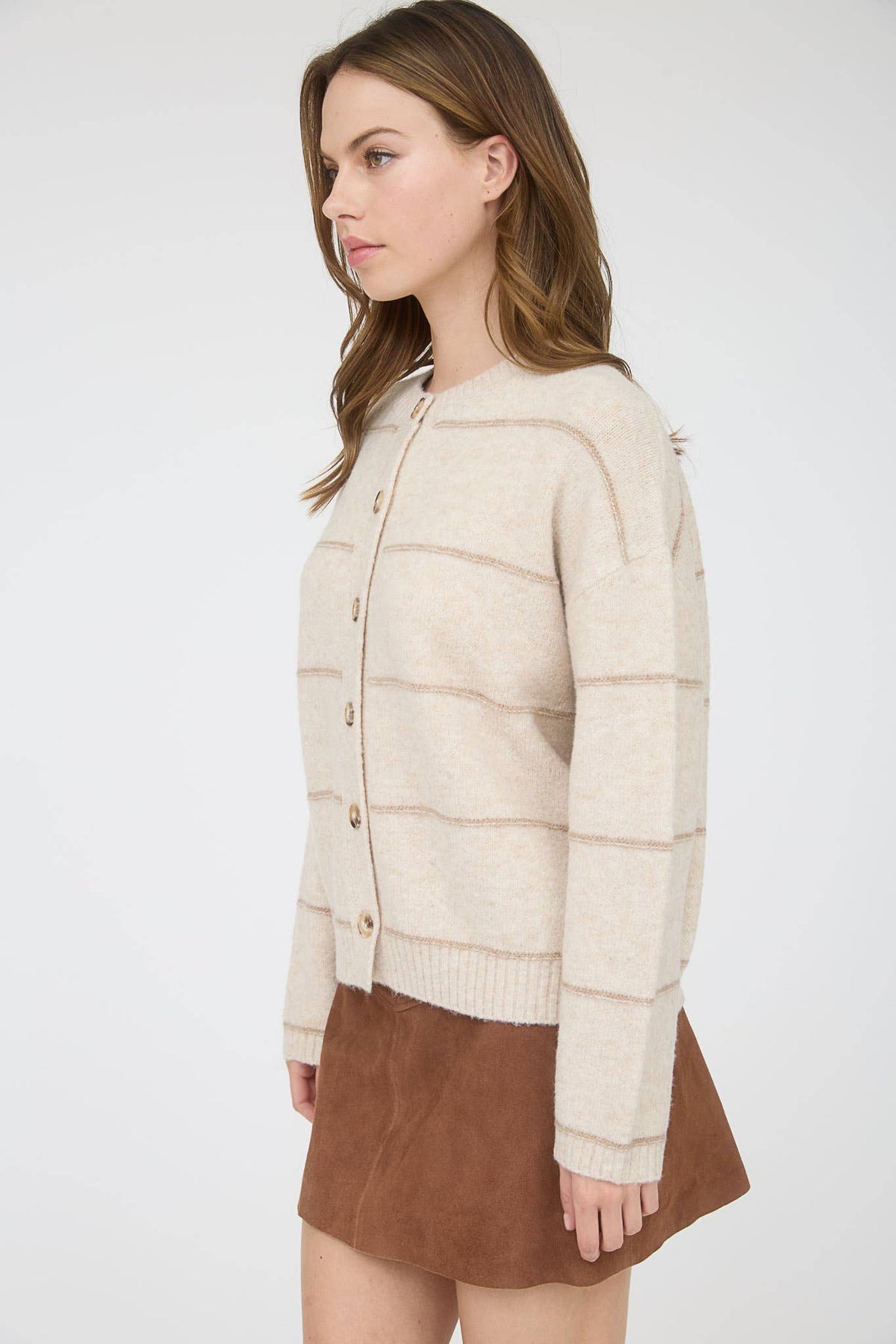 Thin Stripe Button Down Cardigan in Oatmeal