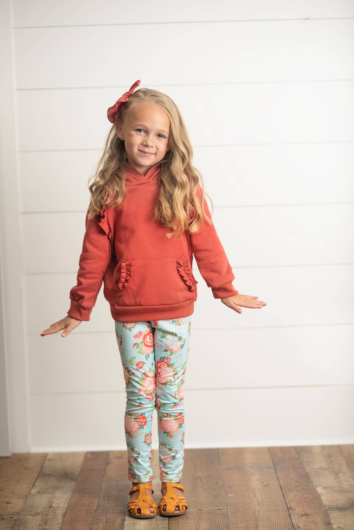 Girl’s Ruffled Hoodie & Leggings Set in Rust