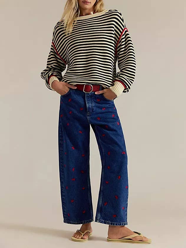 * Drop Shoulder Oversized Knit Sweater Pullover in Beige Stripe
