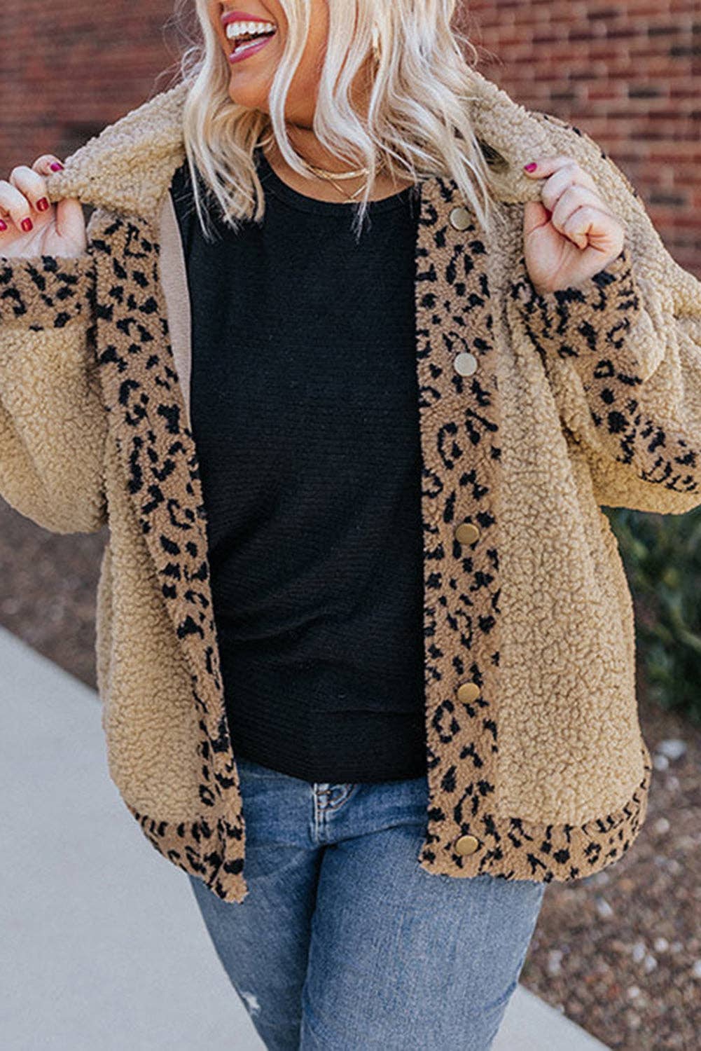 Leopard Trim Button Up Sherpa Jacket