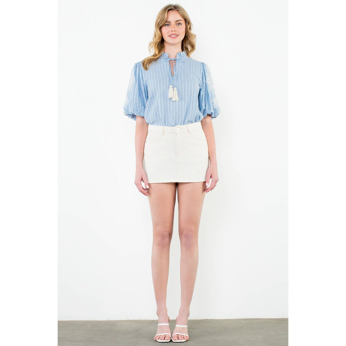 Embroidered Puff Sleeve Striped Top in Blue