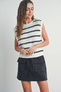 Crew Neck Striped Knit Tank Top in Ivory and Green