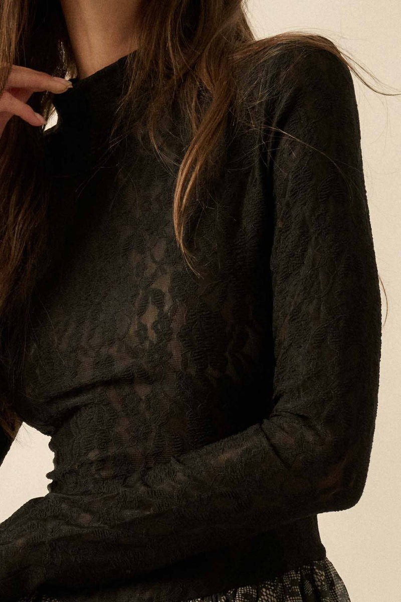 Sheer Lace Drop-Waist Bubble Mini Dress in Black
