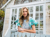 Detailed Flutter Sleeve Top in White/Blue