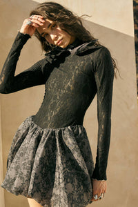 Sheer Lace Drop-Waist Bubble Mini Dress in Black