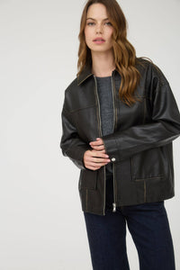 Washed Faux Leather Collared Zip Up Jacket in Black