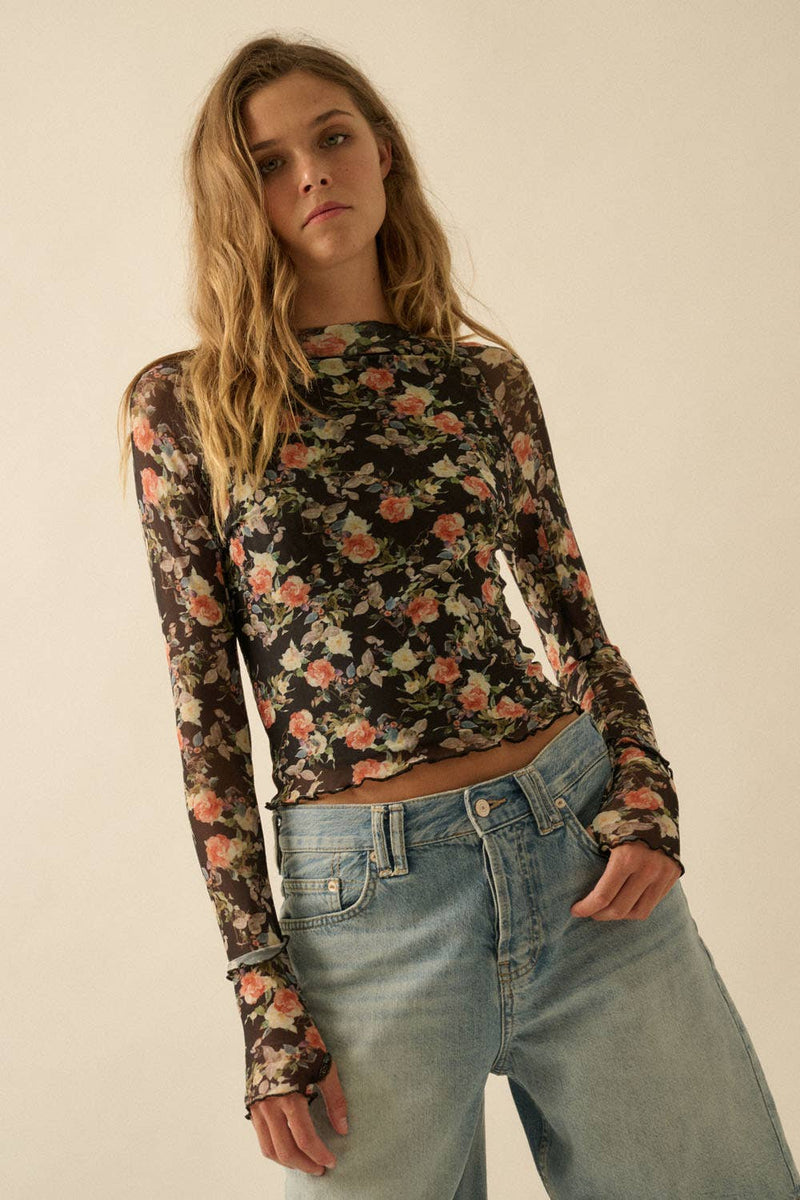 Floral Mesh Mock-Neck Thumbhole Raglan Top in Black