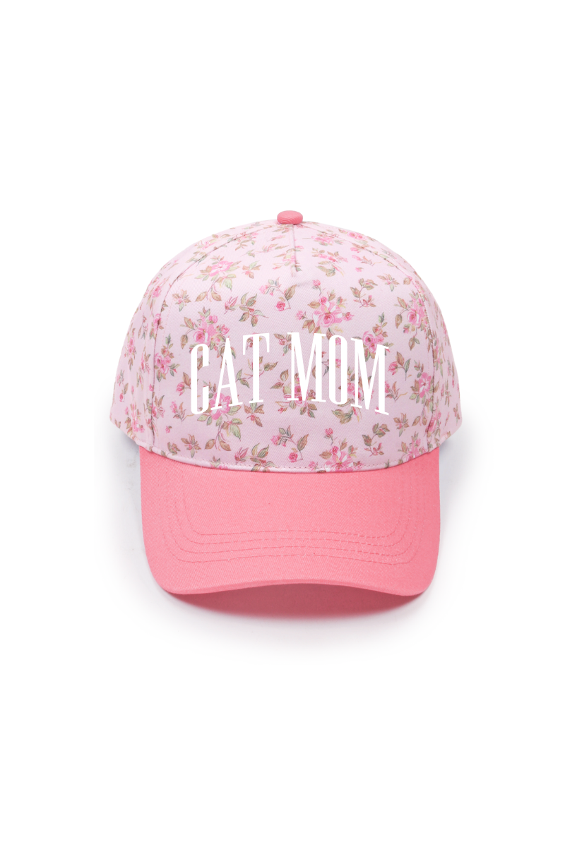 CAT MOM Embroidery Floral Print 5 Panel Trucker Hat: PinkPink