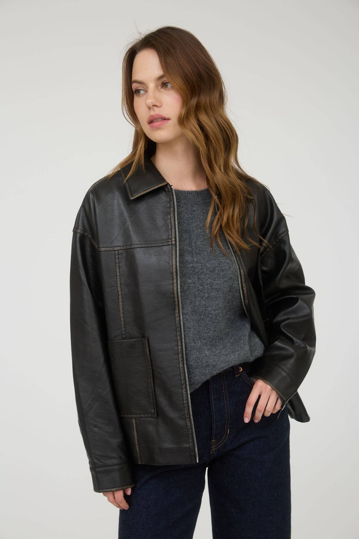 Washed Faux Leather Collared Zip Up Jacket in Black