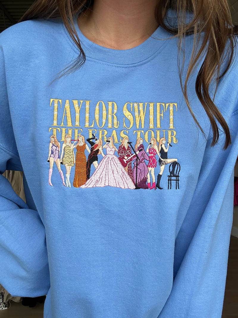 Taylor Swift Eras Tour Embroidered Crewneck in Carolina Blue