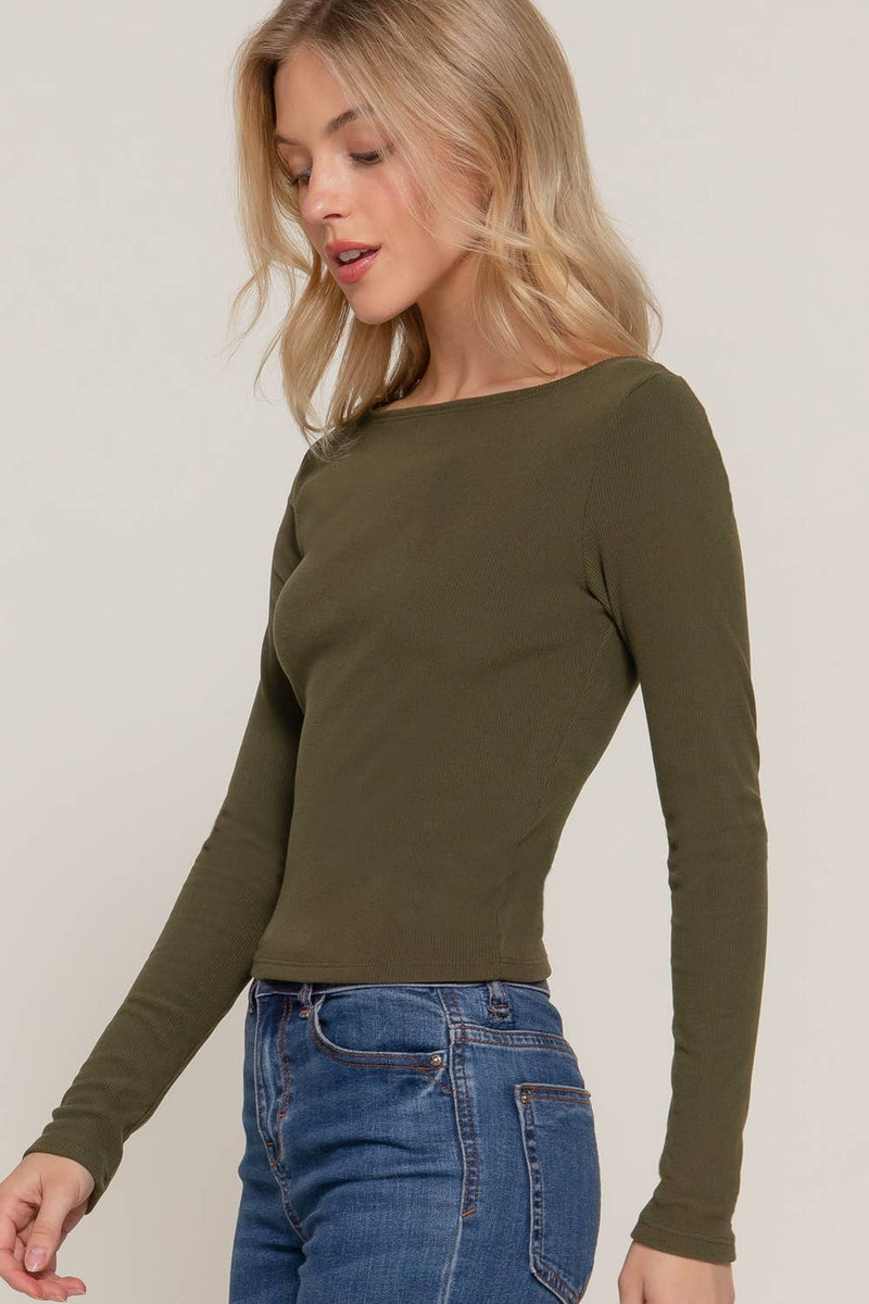 Long Sleeve Boat Neck Top in Olive