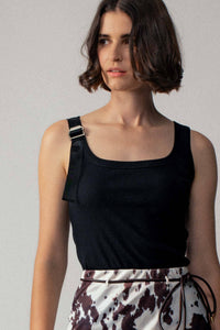 Ribbed Knit Tank Top with Buckle Strap in Black
