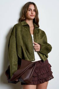 SUEDE EPAULET COLLARED ZIP-UP CROPPED JACKET : OLIVE