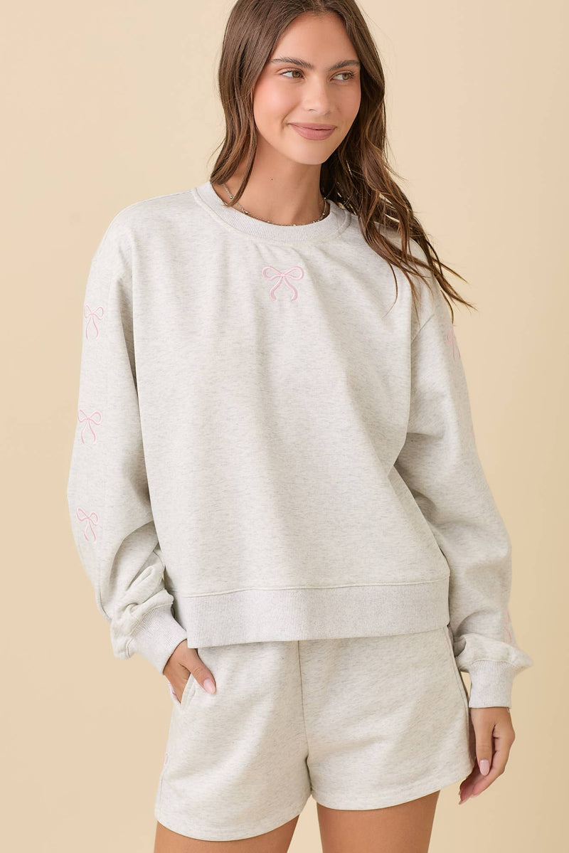 Knit Shorts With Side Ribbon Bow in Heather Grey