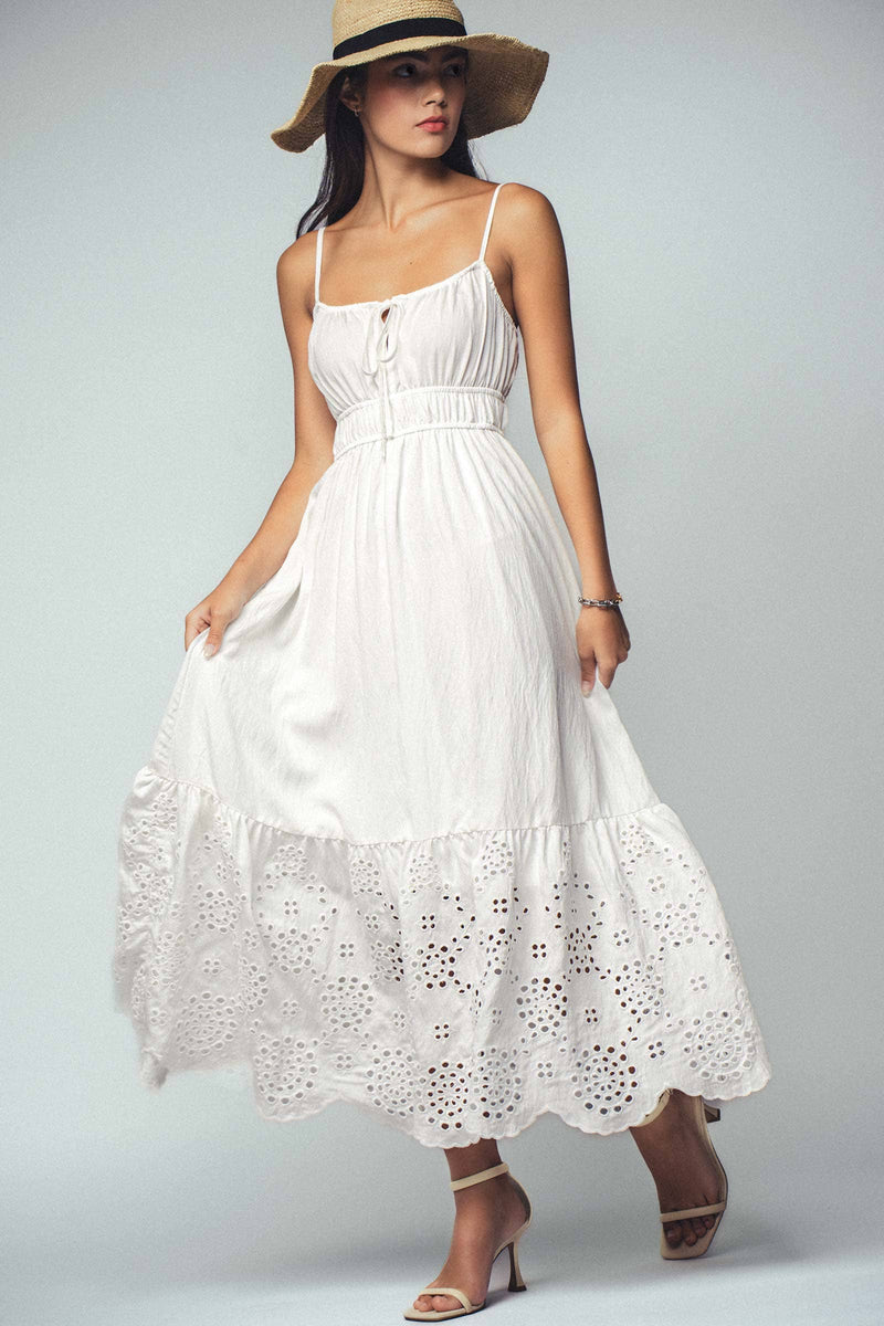 Embroidered Tie-Front Maxi Dress in White